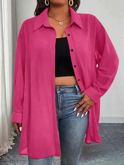 大码优雅长袖不透明衬衫，适合日常穿着