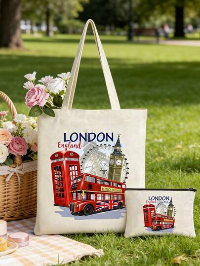 London England Print Canvas Tote Bag Set With Zipper Pouch, British Style Handbag, Vintage Big Ben & Red Bus Graphic Shoulder Bag, Reusable Shopping Bag & Cosmetic Clutch For Daily Use, Ideal For Travel, School, Shopping & Commutes, Suitable For Travelers, Students, Perfect For London Trips, Sightseeing, Grocery Runs & Gifting, Versatile As Tote Handbag, Pouch Wallet & Travel Souvenir Bag