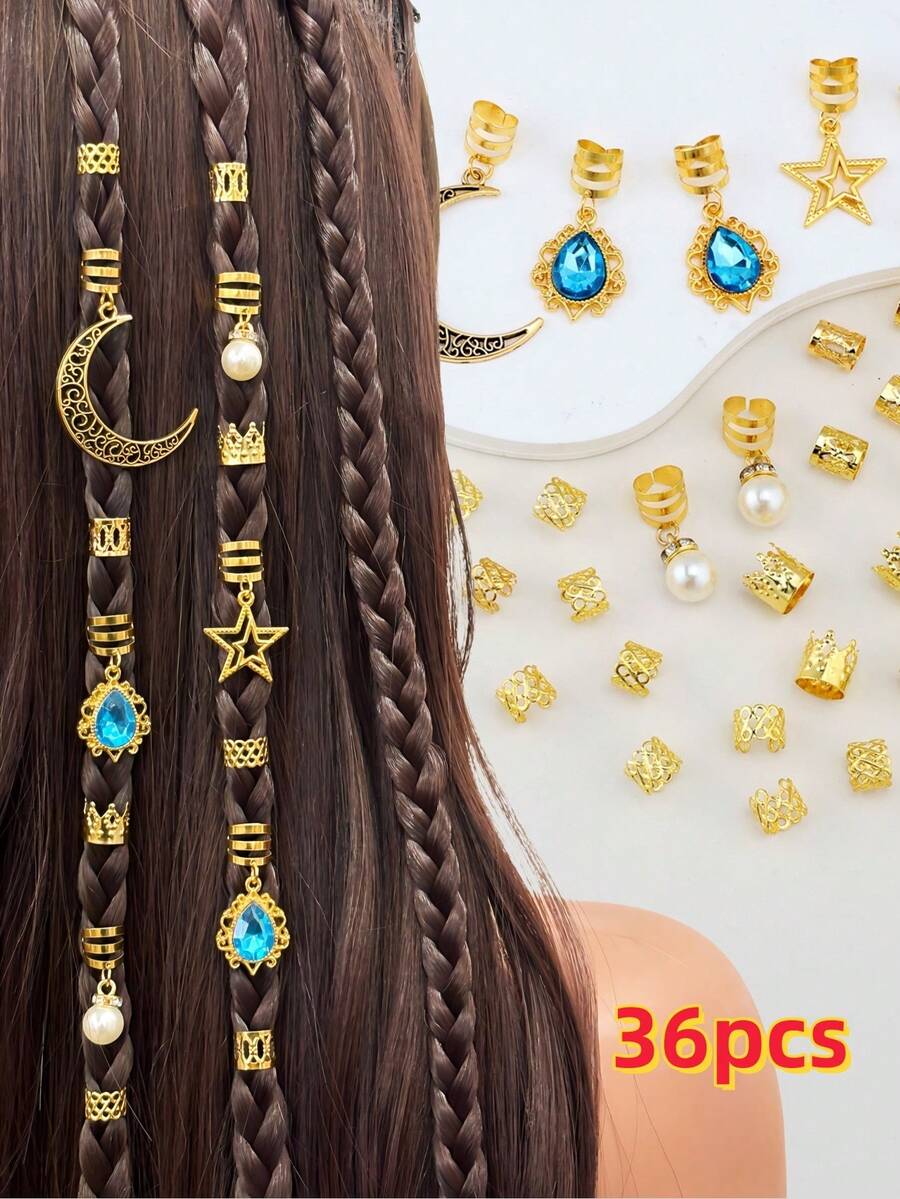 36pcs Star & Moon Fashionable Personalized Hair Ties, Sapphire Pendant Metal Hair Accessories, Hairpin, Claw Clips - Gold - View 1