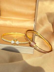 18K Gold Plated Stainless Steel Heart Jewelry Set For Women, Gold Bangle, Ins Style Shiny Zirconia Layered Bracelet, Mother's Gift, Christmas, Thanksgiving, Halloween, Wedding Jewelry, Anniversary, Valentine's Day Gift, Boho Style Daily Party - Multicolor - View 4