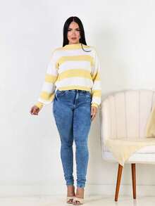 Women's Striped High Neck Knit Sweater, Winter Blouse - 黃色 - 查看 4