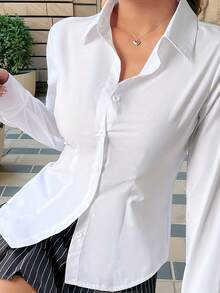 女士基础款白色涤纶长袖衬衫，翻领，优雅办公服饰 - 白色 - 查看 5