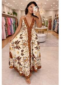 Dress, Random Print, Fabric, Backless / Bare Back, Beach - Pale Yellow - View 3