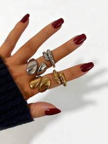 1 Set Stainless Steel Water Drop Criss-Cross Volcano Crater Unique Versatile Waterproof Fade-Resistant Fashion Ring Set For Women - Silver - View 2