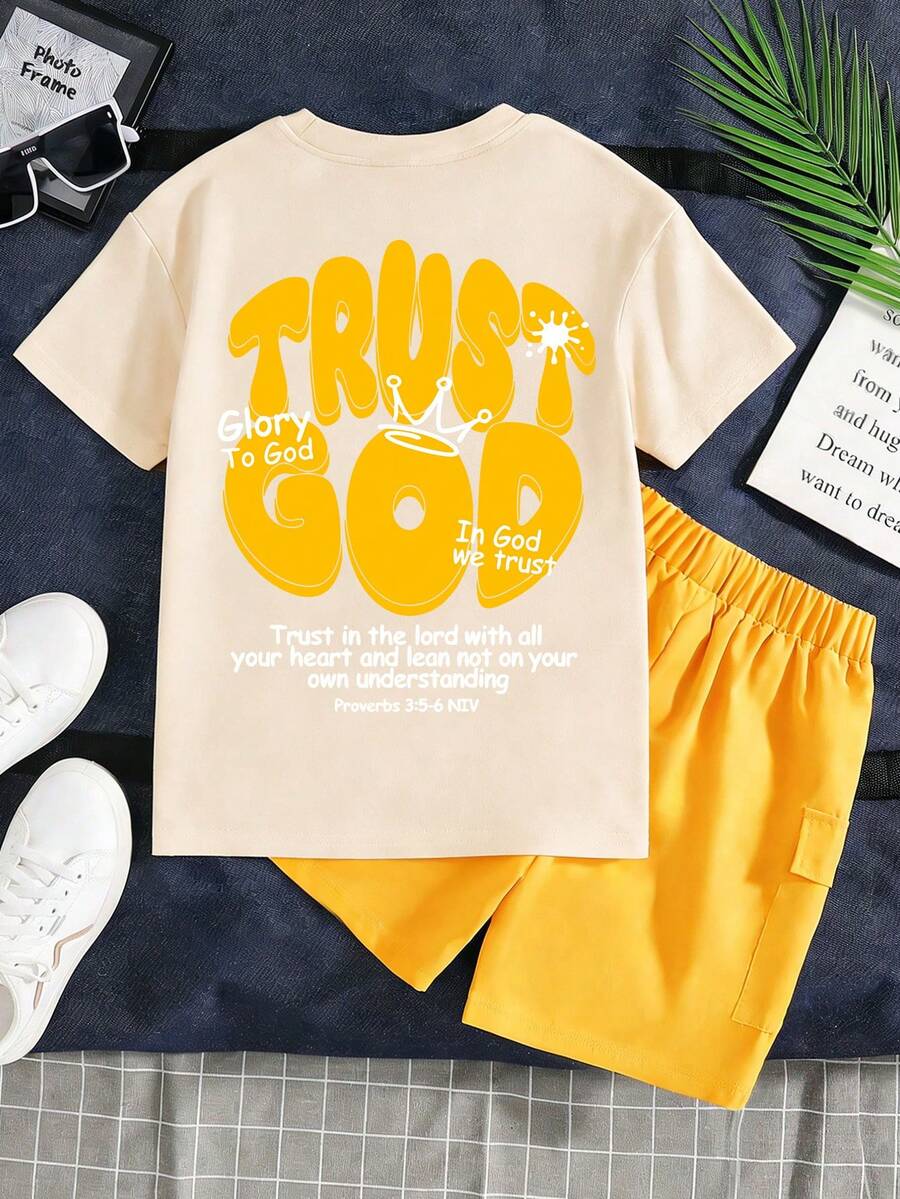 Conjunto casual para adolescentes com camiseta de manga curta e gola redonda com estampa de slogan + calça cargo, confortável e perfeito para o verão. - Damasco - Ver 1