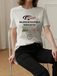 2026 Summer New Women's Round Neck Casual Loose American Print Letter Graphic Street Versatile College Student Short Sleeve T-Shirt, 1 Piece - Light Gray - View 3