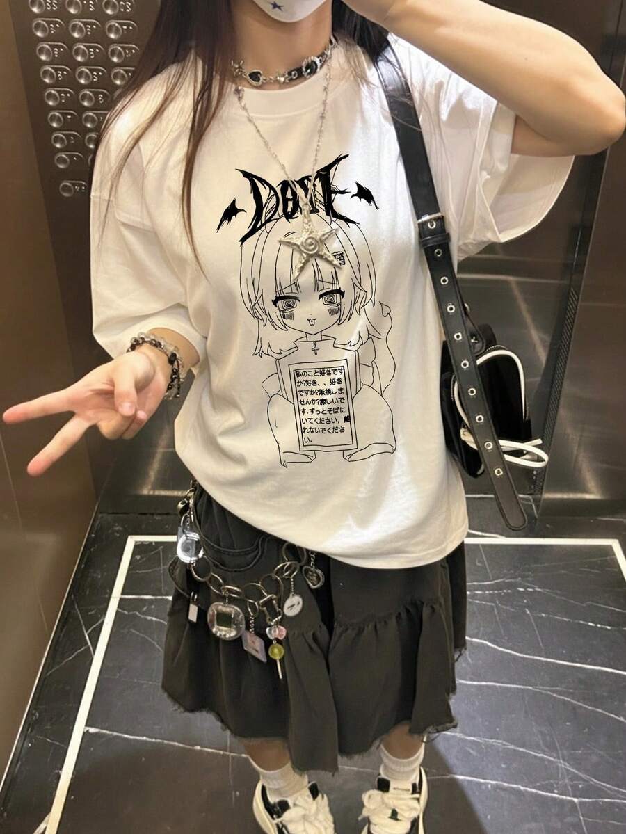 2026 Summer New Women's Round Neck Casual Loose Anime Print T-Shirt, Japanese Subculture Street Fashion Versatile Short Sleeve Tee - White - View 1