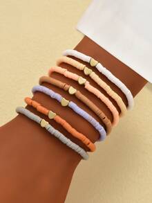 7pcs Bohemian Ombre Polymer Clay Beaded Heart Pendant Bracelet Set, Suitable For Beach, Daily, Casual, Party Wear, Gift For Family, Friends, Birthday, Holiday - Apricot - View 5