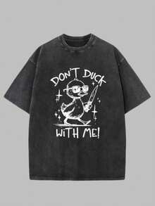 Men'S Vintage "Don't Duck With Me!" Graphic T-Shirt - Black Cotton, Short Sleeve, Round Neck, Casual Outdoor Golf & Fishing Tee, Halloween Pickling Batik Design, All-Season Wear, Golf T Shirt - màu đen - Xem 1