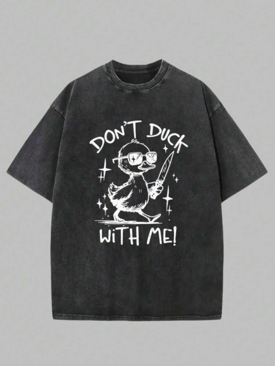 Men'S Vintage "Don't Duck With Me!" Graphic T-Shirt - Black Cotton, Short Sleeve, Round Neck, Casual Outdoor Golf & Fishing Tee, Halloween Pickling Batik Design, All-Season Wear, Golf T Shirt - màu đen - Xem 1