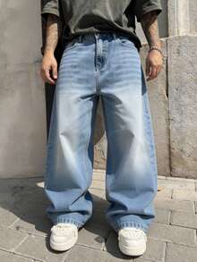 Men's Loose Straight Leg Faded Washed Denim Jeans, Casual Street Style, Suitable For All Seasons - Light Wash - View 4