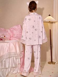 Gongdie Disney 迪士尼玛丽猫印花纯棉睡衣套装（2件套），长袖，春秋季 - 粉色 - 查看 4