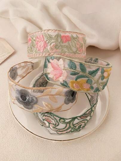 1/3件装 女士新款中国风网丝刺绣花朵发带，优雅发箍，高冠发箍，发饰，头饰