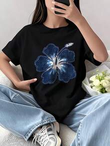 少女碎花短袖T恤，学生青少年服装，夏季上衣，专为准备玩耍的女孩设计 - 黑色 - 查看 3