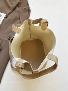 1 pieza Nuevo bolso de cubo de unicolor versátil y casual de estilo retro para mujer, modelo muy vendido en otoño e invierno, adecuado para ir al trabajo - Caqui - Ver 7