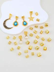 36pcs Star & Moon Fashionable Personalized Hair Ties, Sapphire Pendant Metal Hair Accessories, Hairpin, Claw Clips - Gold - View 2