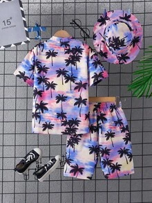 Conjunto de camisa tejida con estampado de árbol de coco casual para niños adolescentes - Morado - Ver 2
