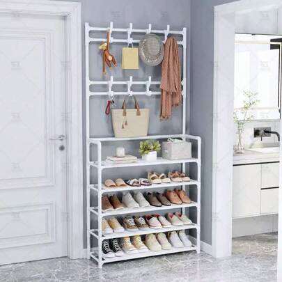 Multifunctional 5-Tier Shoe Rack With Coat Hooks, Entryway Storage Organizer