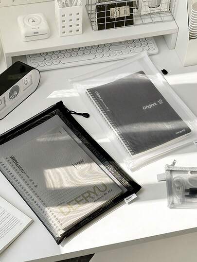 3Pcs Black White Gray Transparent High Density Nylon Mesh File Organizer Bag Set, A4 A5 A6 Size Document Storage Pouch For School Office Stationery