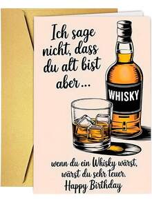 1 pieza Tarjeta de felicitación de cumpleaños divertida de whisky alemán con sobre rojo, ilustración de botella y vaso de whisky, perfecta para amantes del whisky y amigos - Ver 6