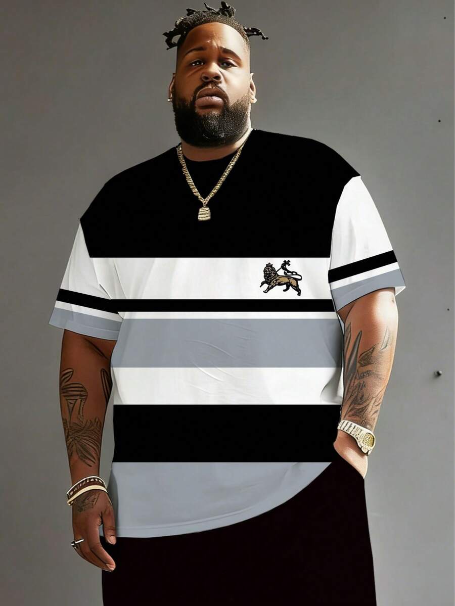 Plus Size Men's Casual Round Neck T-Shirt, Polyester Knit Fabric Comfortable & Breathable, Fashion Contrast Color Plaid Print, Casual Street Striped Plaid Contrast Color Patchwork Design Fresh Series, Creative Personalized Top - Grey - View 1