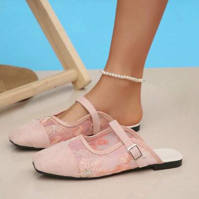 New Chinese Style Patchwork Embroidered Lace One-Strap Spring/Summer Women Breathable Mesh Slide Sandals