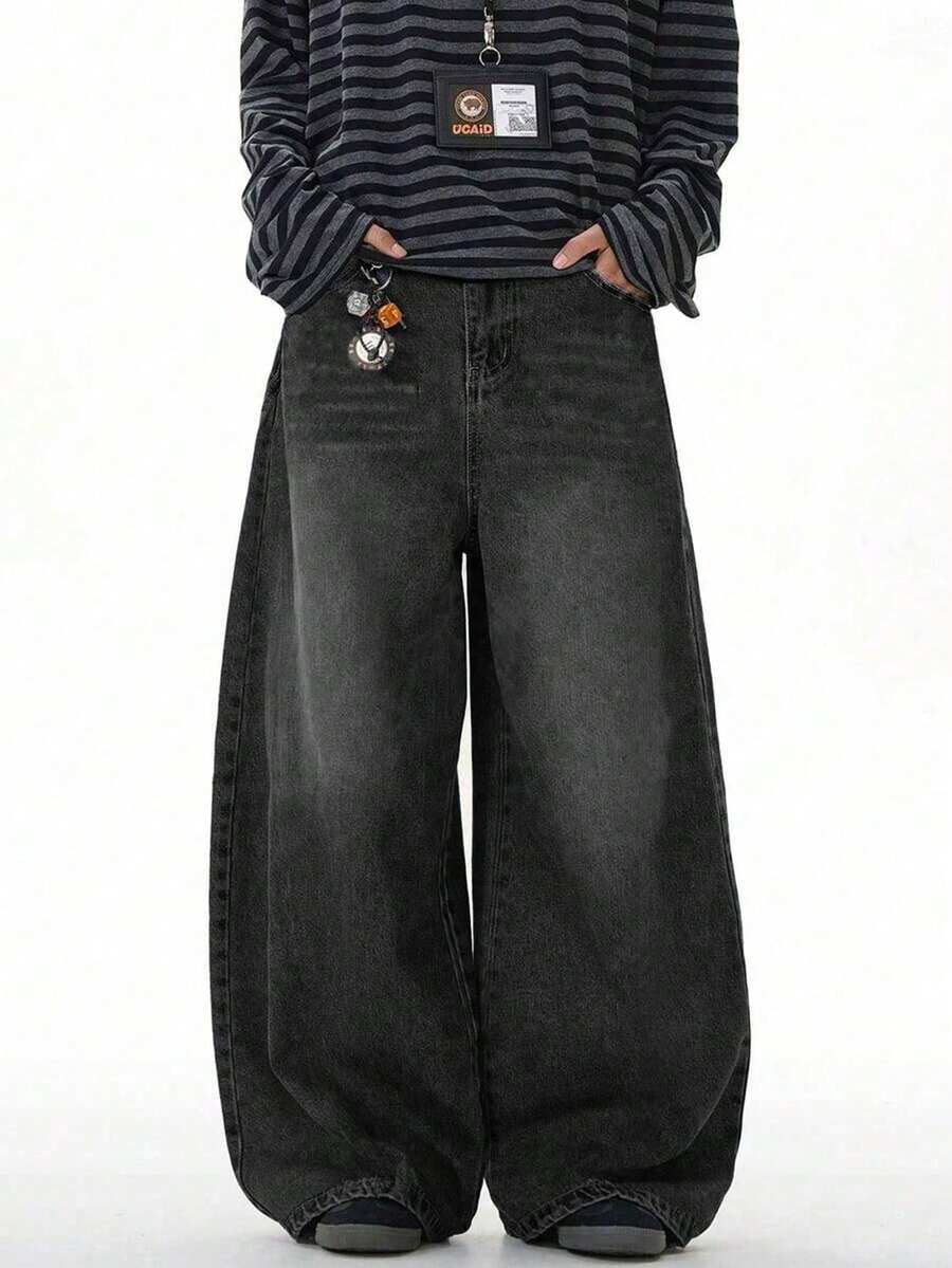 Teen Boy Vintage Washed Wide Leg Jeans - Black - View 1