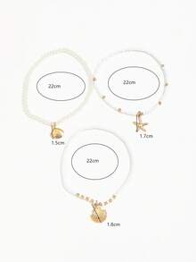 Set Gelang Kaki Fashion Gaya Bohemian 3 Buah dengan Manik-Manik Paduan Logam, Kerang & Bintang Laut, Gelang Kaki Tali Elastis Manik-Manik Berlapis untuk Wanita - Emas - View 3