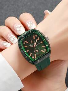 1pc Women's Silicone Watch, Fashion Casual Barrel-Shaped Dual-Eye Numeric Dial Quartz Wristwatch, Minimalist Design (Watch Only, No Box) - Green - View 3
