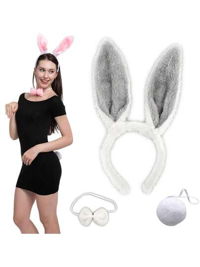 3Pcs Forever & Moment Easter Adult Bunny Costume Accessories Set For Women, Fluffy Bunny Ear Headband Bow Tie Tail - Easter Halloween Costume Dress-Up For Cosplay Dance Performances Home Decor Birthday Party Costume Accessories