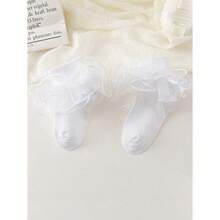 1 Pair Girls Solid Color Ruffle Trim Cute Casual Ankle Socks - trắng - Xem 4