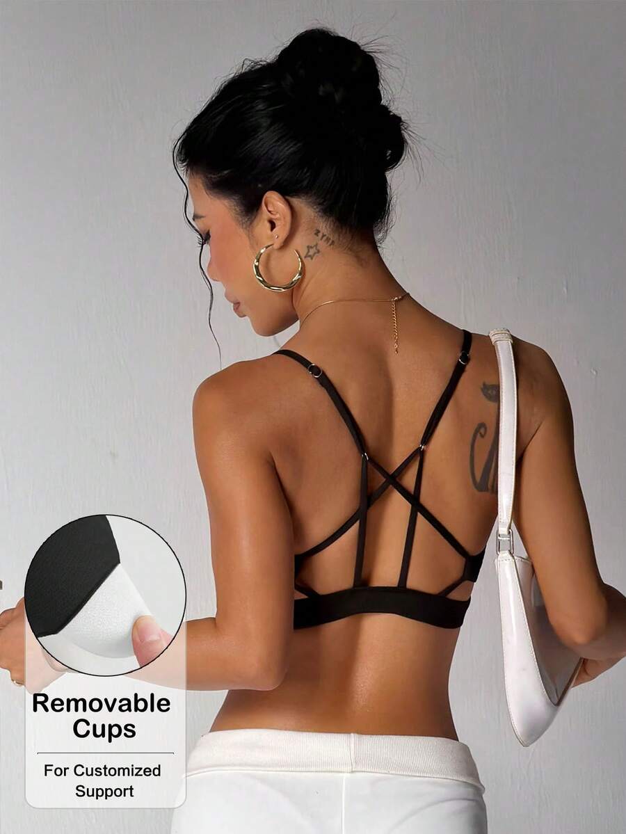 Sujetador deportivo de punto de unicolor con cuello redondo y espalda cruzada para mujer, casual y deportivo - Negro - Ver 1
