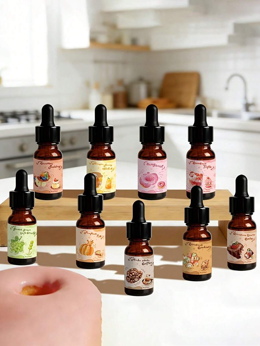 1 zestaw 9 różnych olejków eterycznych do aromaterapii, 10 ml każdy. Nadaje się do jogi, dyfuzorów i dyfuzorów samochodowych. Zapachy: świąteczne ciasteczka, kawa z i mokką, pączek, pudding karmelowy, ciasto pień drzewa, ciasto kremowe, woda z miodem manuka, cukierki grejpfrutowe. Buteleczki z kroplomierzem do aromaterapii, świąteczny zestaw prezentowy o zapachu jedzenia, długotrwały odświeżacz powietrza do domu.