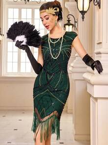 Đầm Flapper cổ điển thập niên 1920, đính cườm, sequin và tua rua, kiểu Gatsby, thích hợp cho tiệc cocktail, màu xanh đậm, đám cưới, mùa xuân. - Màu xanh lá cây đậm - Xem 8