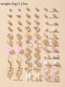 30 Pairs/Set Delicate Metal Tree, Shell, Pearl, Heart Shaped Earrings Gift Set For Women - Multicolor - View 5