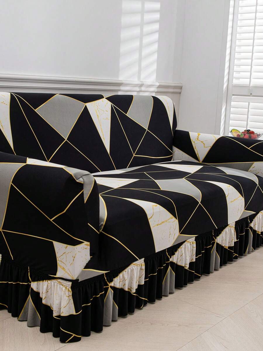 1pc Sofa Skirt Cover, Geometric Print Pattern, Dust-Proof And Dirt-Resistant, Elastic Full Coverage Sofa Protector, Living Room Home Decor, Fits 1/2/3/4 Seater Sofa, All Season Use, Machine Washable - Black and White - View 1