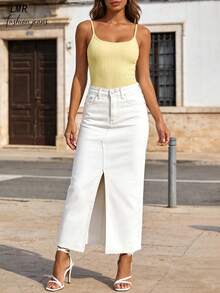 白色高腰牛仔裙，简约通勤休闲直筒开衩裙，女士 - 白色 - 查看 5