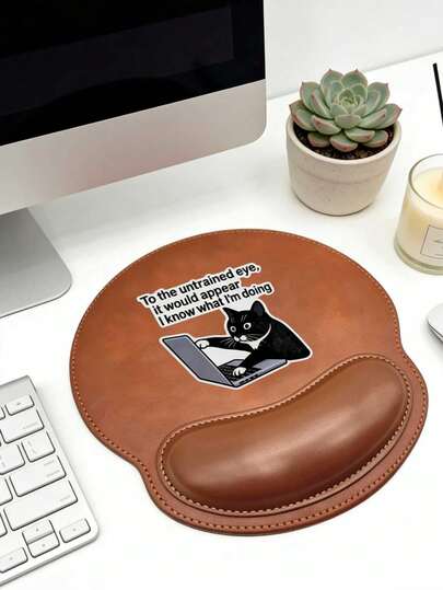 Wrist Support Mouse Pad, Cute Working Cat Pattern Design,Ergonomic Design With Wrist Rest, Faux Leather Mouse Pad,Comfortable Mouse Pad With A Smooth Wrist Support,Computer Desk Mat,Office Keyboard Pad,Desktop Protector,Suitable For Non-Slip Base,Gaming, Anti-Slip, Computers, Laptops, Office, And Home Use,Graduation Season Souvenir,Ideal For Office & Gaming, Perfect Gift For Valentine's Day, Mother's Day