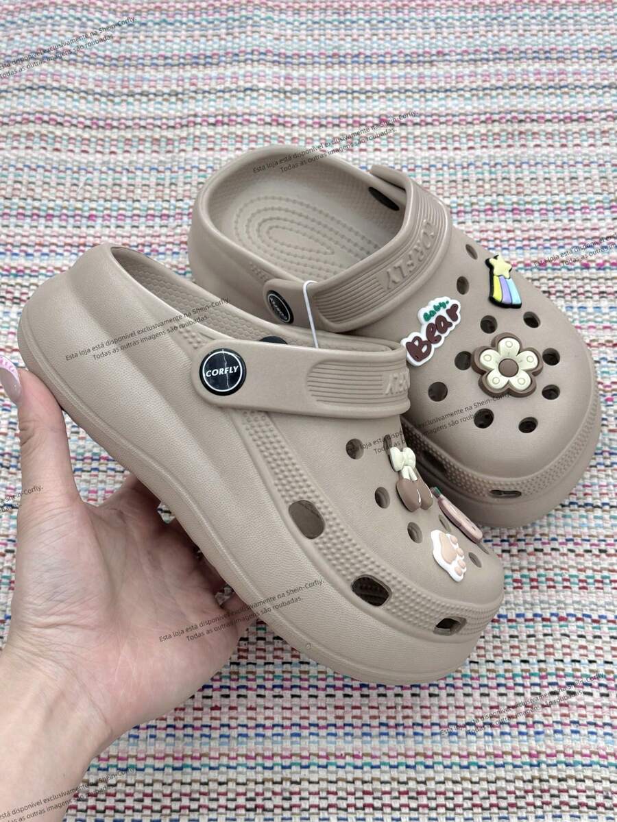 Children's Platform Crogs Shoes With Random Pendant - Lightweight And Comfortable, Odorless, 100% EVA - 卡其色 - 查看 1