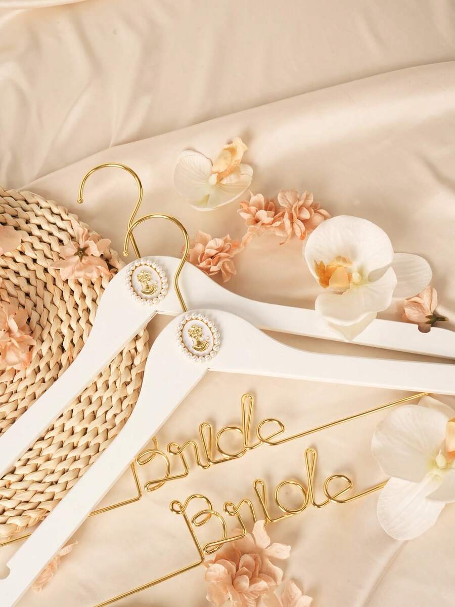 2pcs Personalized Wooden Wedding Dress Hangers, Bride & Groom Engraved Garment Rack, Diamond Wedding Ceremony Photo Prop - White - View 1