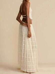 Women's 2 Piece Dress Set, Sexy Sleeveless Backless Halter Crop Top & Pleated Long Skirt, Beach Outfit - 白色 - 查看 4