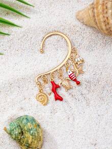 1 Pc Ocean-Inspired Ear Cuff For Women, Golden Color Sea Turtle Coral Fish Multi-Charm Dangle Ear Wrap, No-Piercing Cuff Statement Ear Jewelry, Boho Bohemian Design Suitable For Vacation And Daily Wear - Coral and Conch Pendant Earrings - View 4