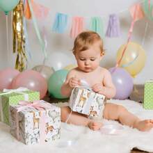 5/10张中性双面婴儿派对包装纸，可爱丛林动物和绿色波点图案，适用于儿童生日、婴儿派对、婴儿房庆祝活动，28.5*42厘米 - 彩色 - 查看 5