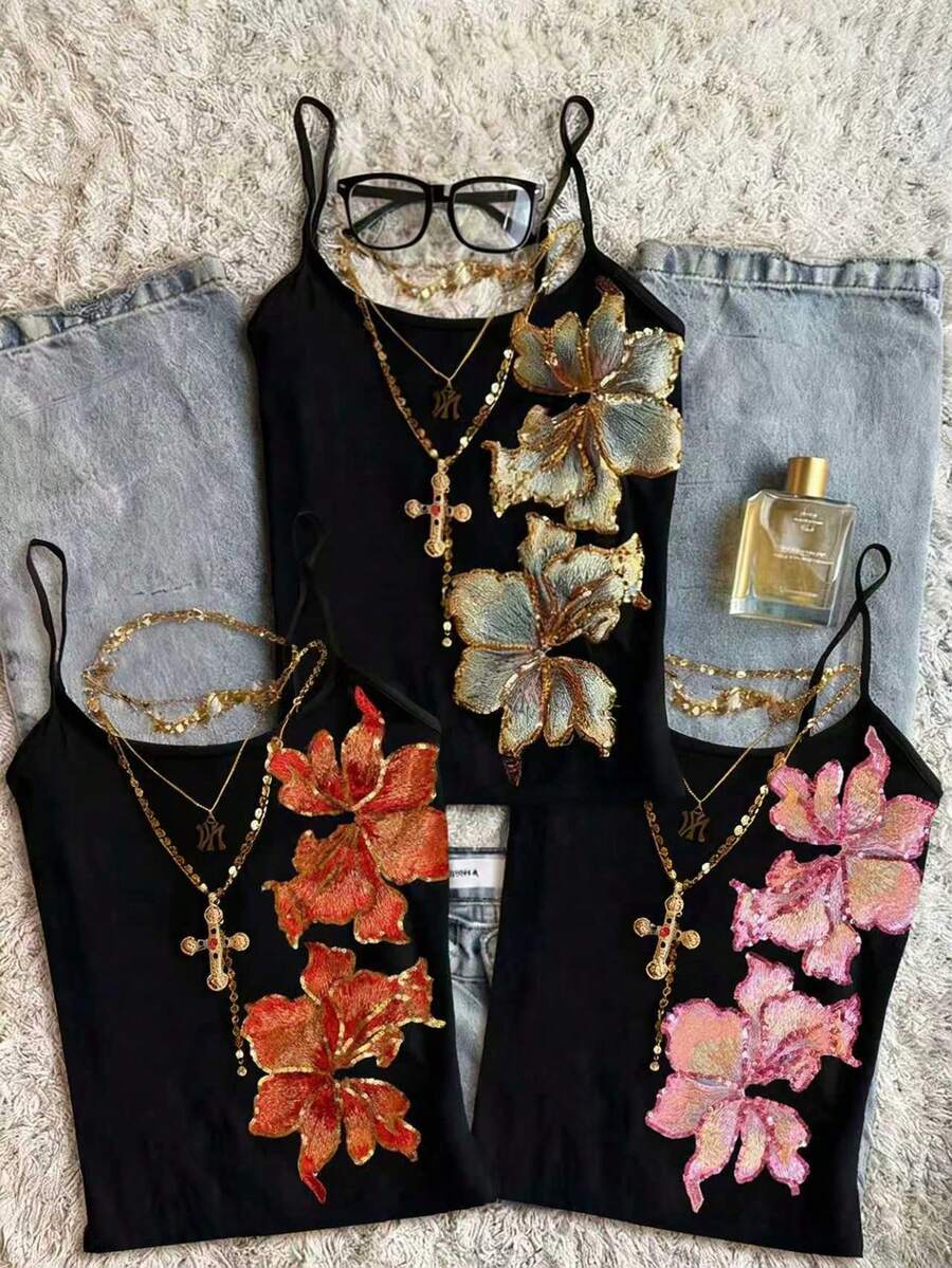 三件套休闲 Y2K 女式复古花卉刺绣亮片吊带无袖背心，优雅外出派对夏季度假装，黑色