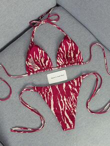 Bộ bikini 2 mảnh thời trang mới năm 2026, họa tiết vân gỗ gợi cảm, thích hợp cho hồ bơi, bãi biển, kỳ nghỉ, mùa xuân/hè, ngày Valentine, tiệc hóa trang. - Màu be đỏ rượu vang - Xem 3