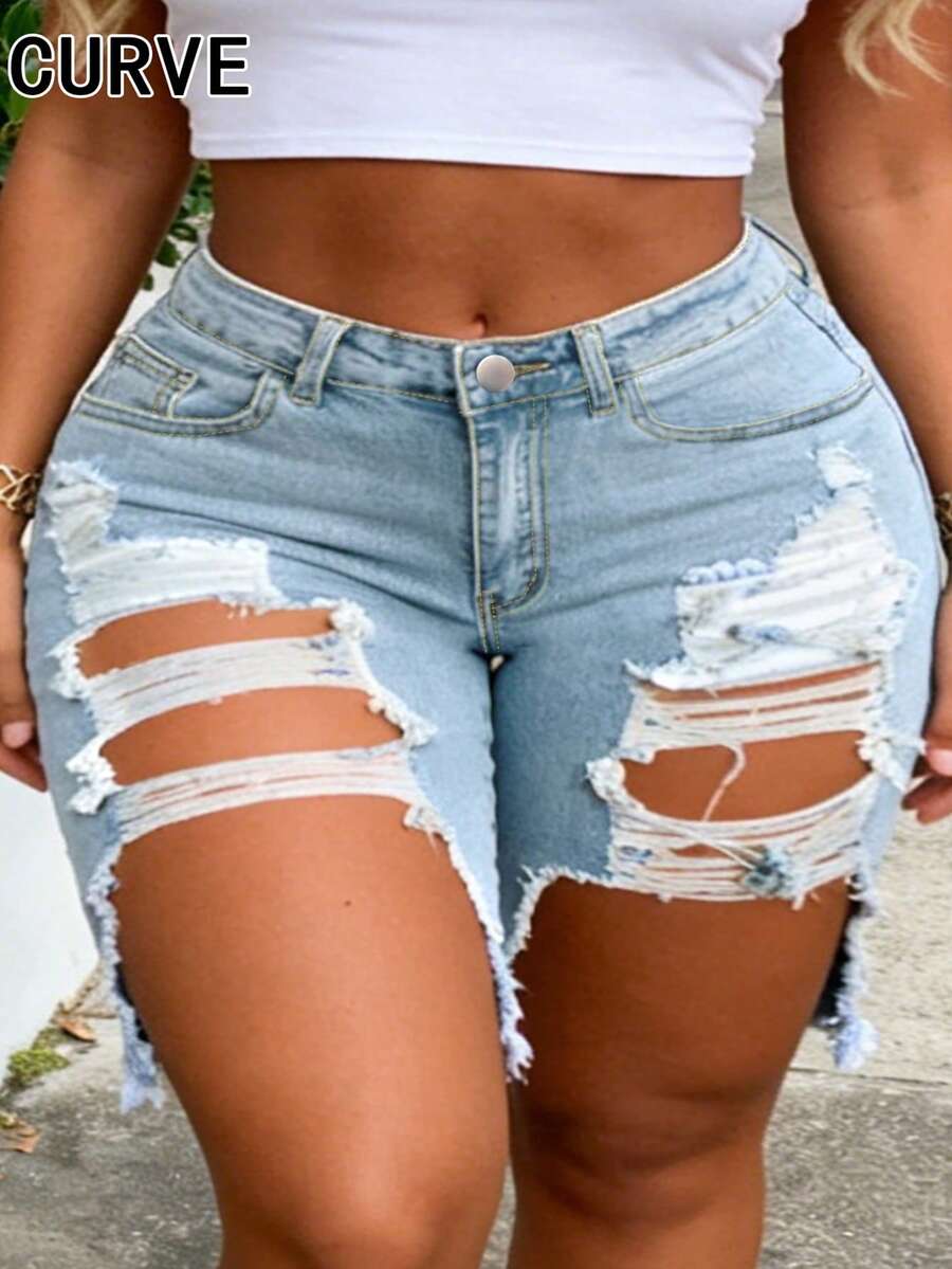 Quần short Bermuda denim màu xanh nhạt dành cho nữ cỡ lớn, dáng suông, có túi, độ co giãn vừa phải. - Rửa nhẹ - Xem 1