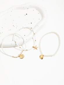 Set Gelang Kaki Fashion Gaya Bohemian 3 Buah dengan Manik-Manik Paduan Logam, Kerang & Bintang Laut, Gelang Kaki Tali Elastis Manik-Manik Berlapis untuk Wanita - Emas - View 4