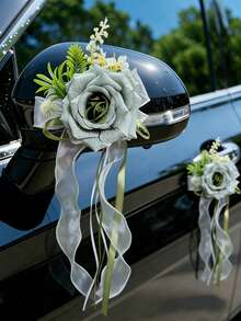 2朵玫瑰花汽车装饰（带吸盘），配绿叶、白色小花和紫白薄纱丝带装饰，适合浪漫场合，例如婚车装饰。 - 多色 - 查看 15