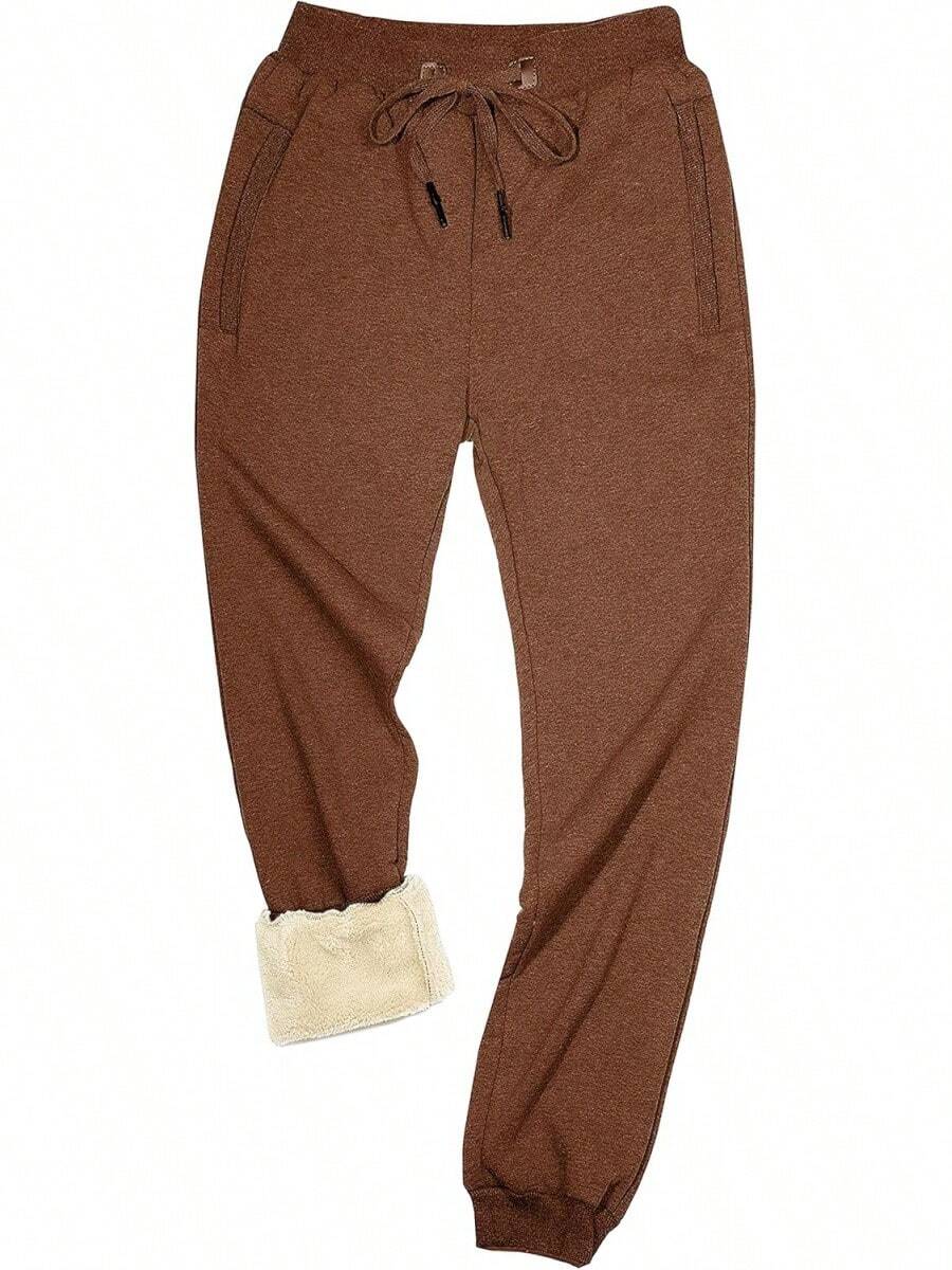 Men's Warm Sherpa Lined Fleece Sweatpants For Active Jogging - 棕色 - 查看 1