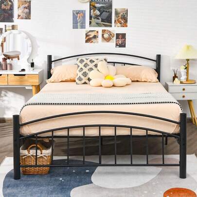  COSTWAY King Size Metal Platform Bed Frame, Heavy-Duty Bed Frame With Metal Slats, Mattress Stopper, High Headboard & Footboard, No Box Spring Needed, Easy Assembly, Black